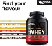 Optimum Nutrition Gold Standard 100% Whey protein powder container with flavor options listed.
