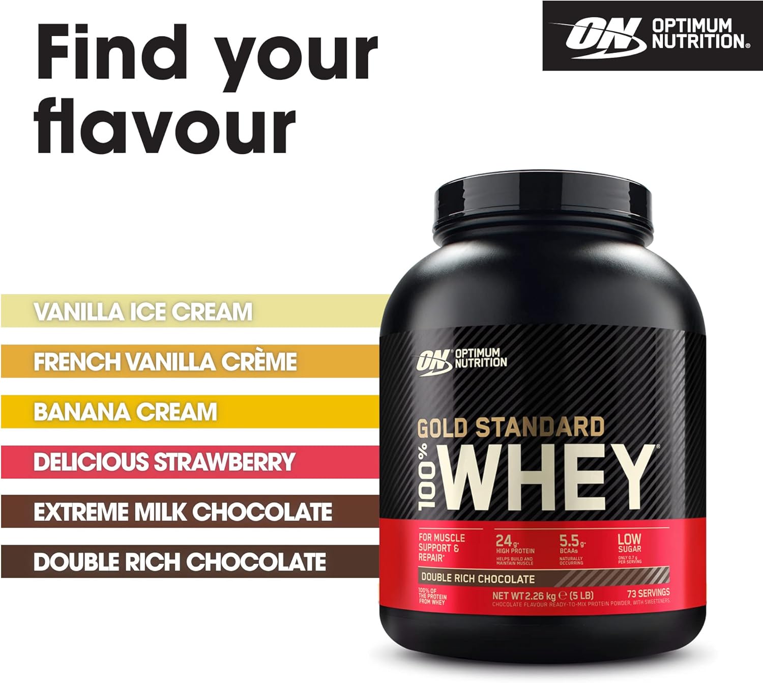 Optimum Nutrition Gold Standard 100% Whey protein powder container with flavor options on a white background.