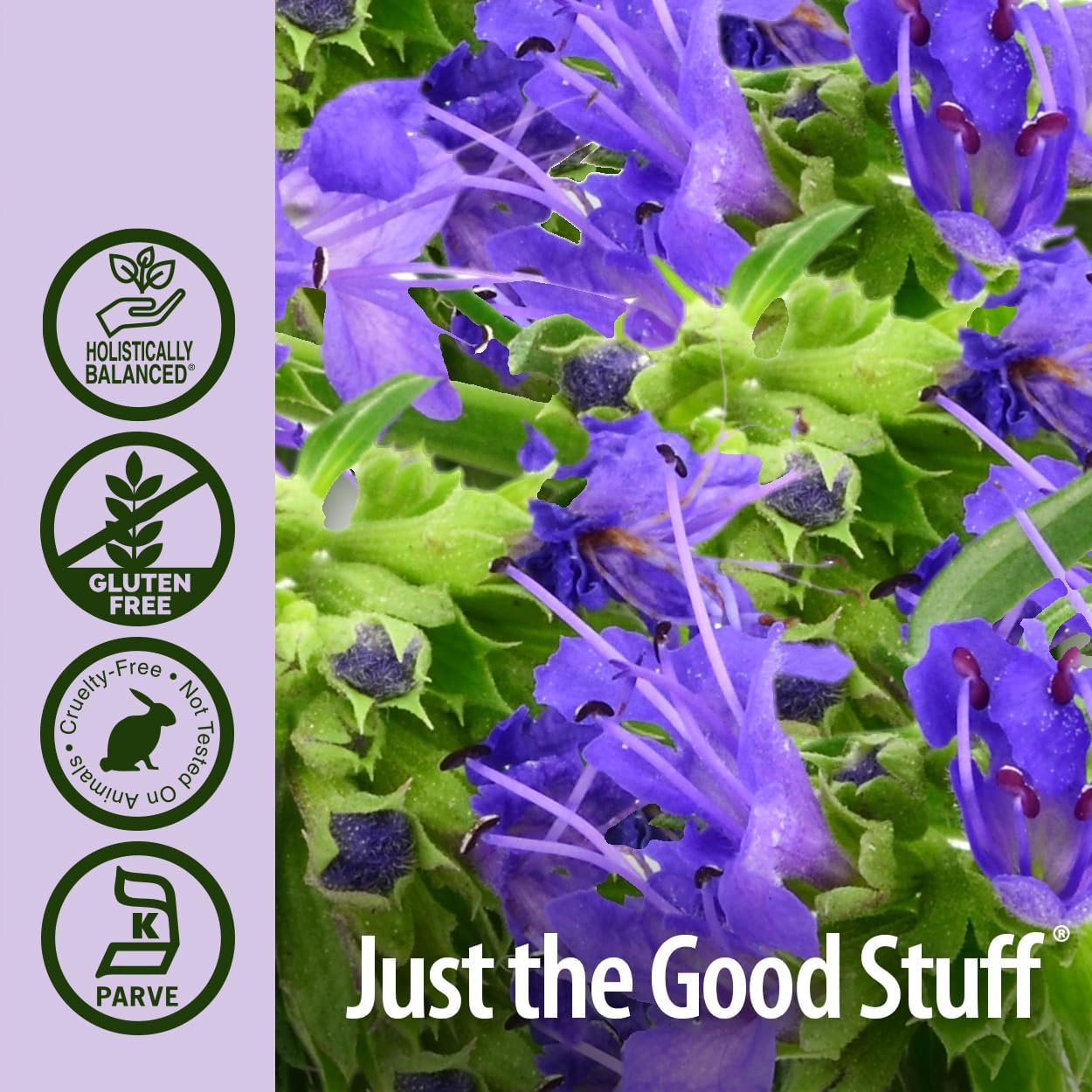 Close-up of purple flowers with green leaves and 'Just the Good Stuff' branding on a light purple background.