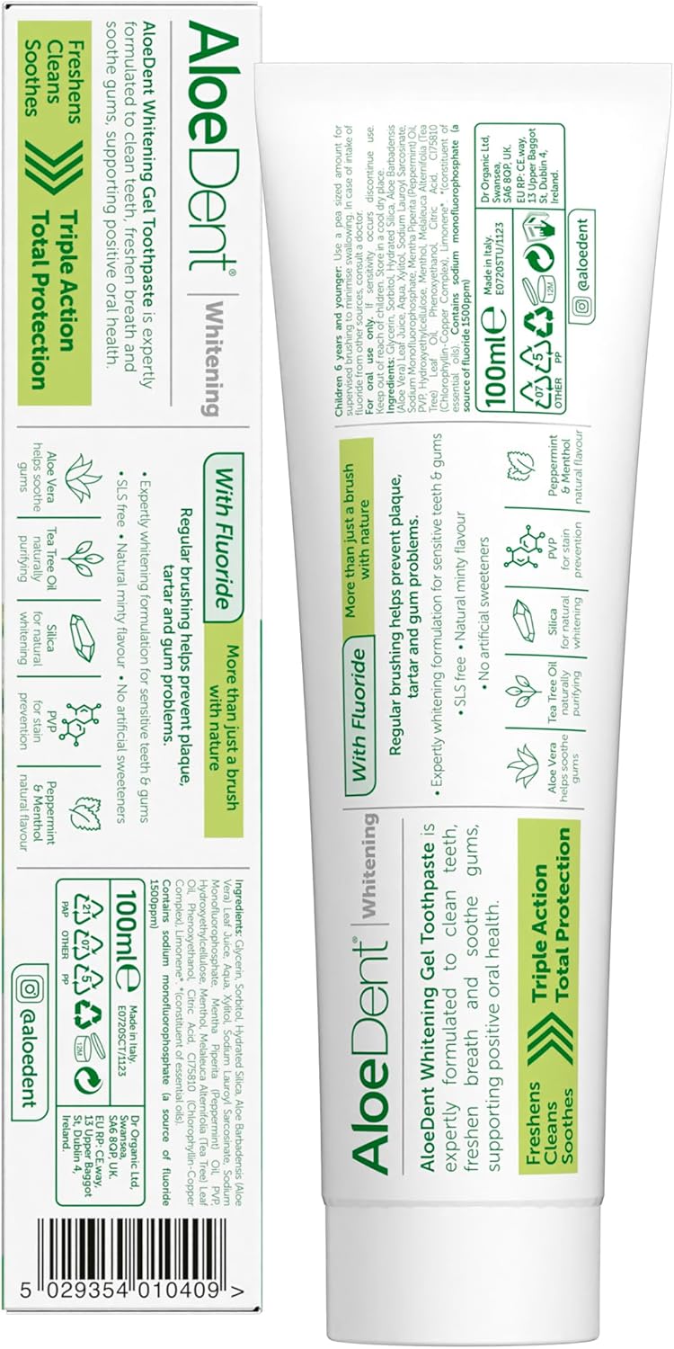 Back Image: Aloe Dent Aloe Vera whitening toothpaste with fluoride vegan 100ml tube & box barcode