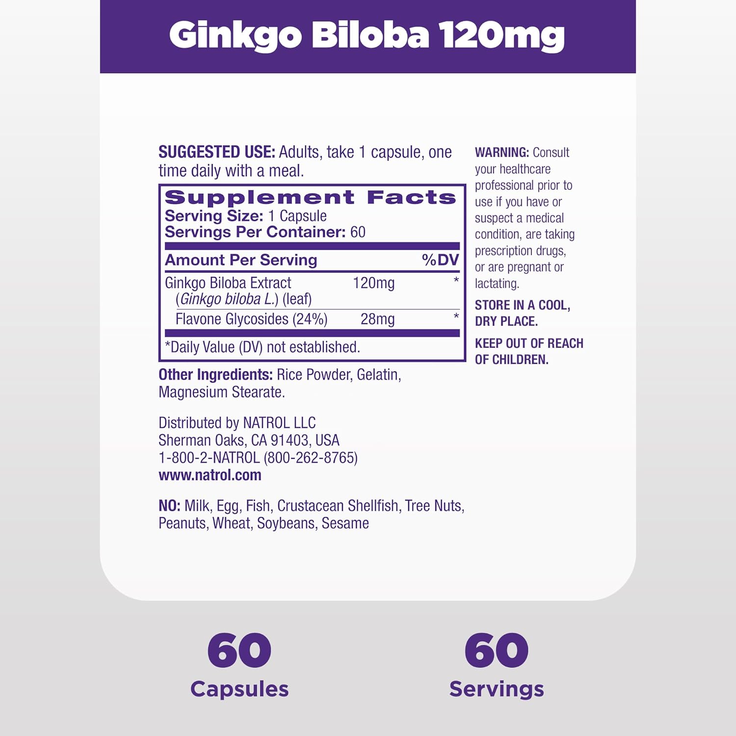 Natrol Ginkgo Biloba supplement facts label bottle 60 capsules