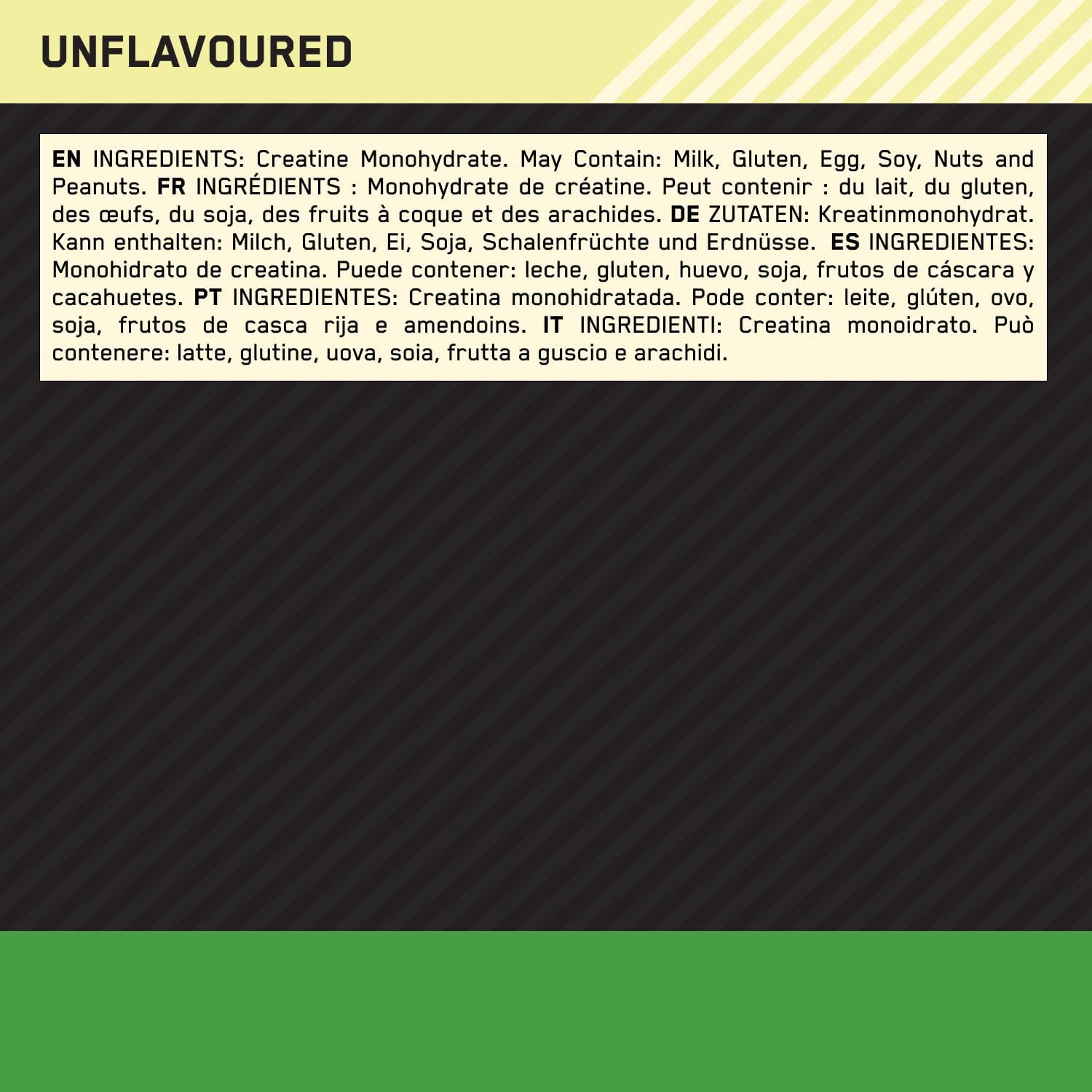 Ingredients label for a product labeled 'Unflavoured' with text in multiple languages.