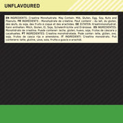 Ingredients label for a product labeled 'Unflavoured' with text in multiple languages.