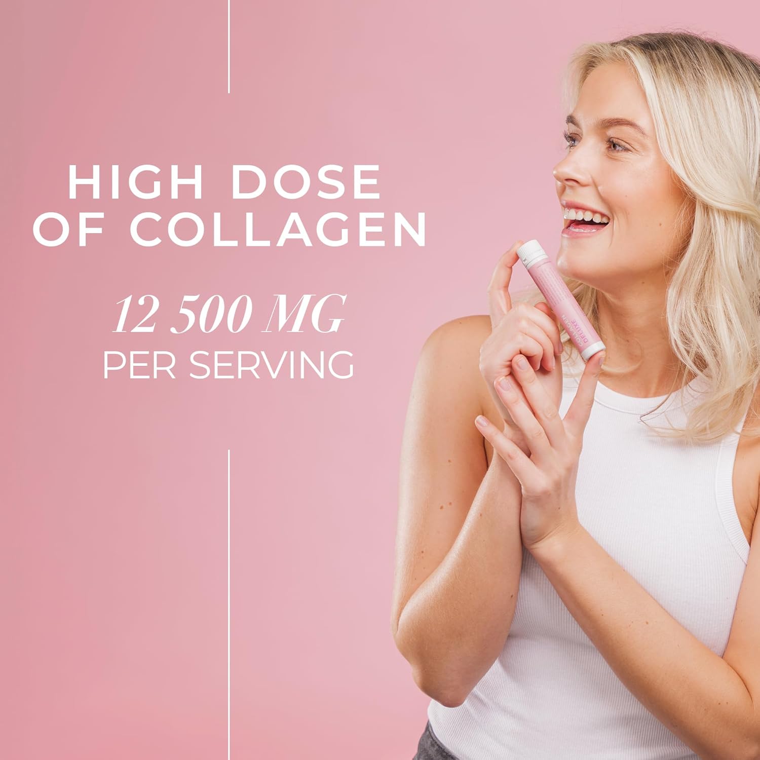 Woman applying a cream to her arm with text about a high dose of collagen on a pink background
