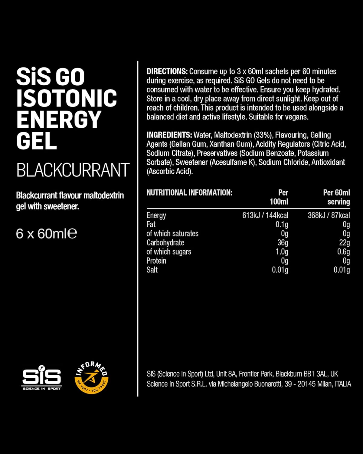 Directions, ingredients and nutrition information for SIS Blackcurrant gel.