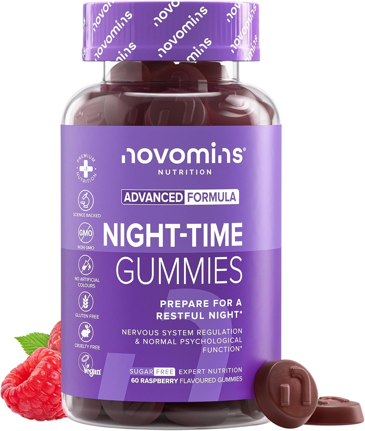 Novomins Night Time Gummies Sugar Free Raspberry 60 Count bottle supplement front view