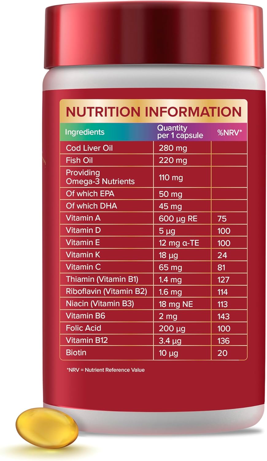 Nutritional information and ingredients list on the supplement bottle.