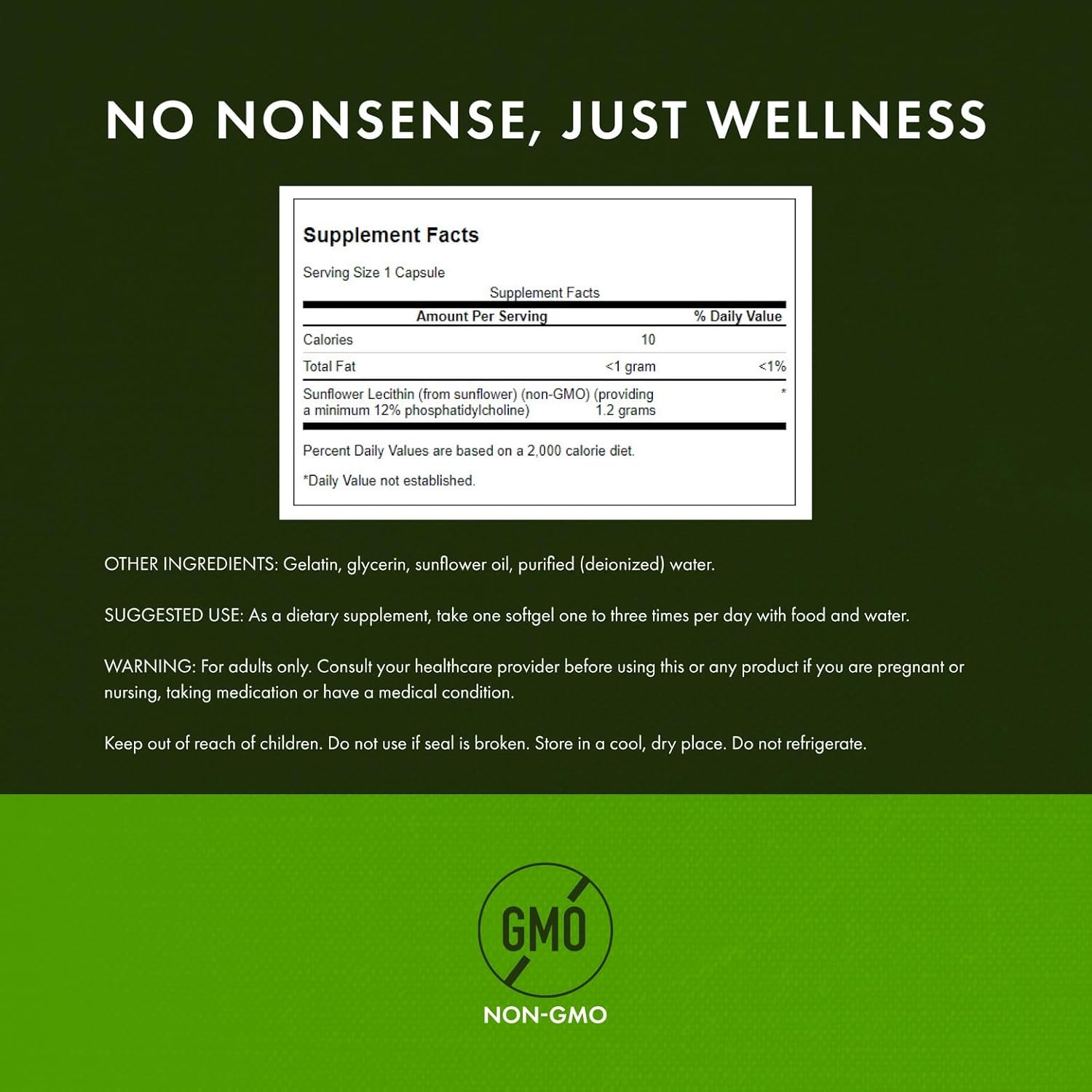 Supplement label with 'No Nonsense, Just Wellness' text on a green background