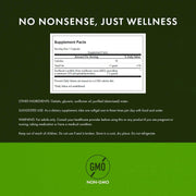 Supplement label with 'No Nonsense, Just Wellness' text on a green background