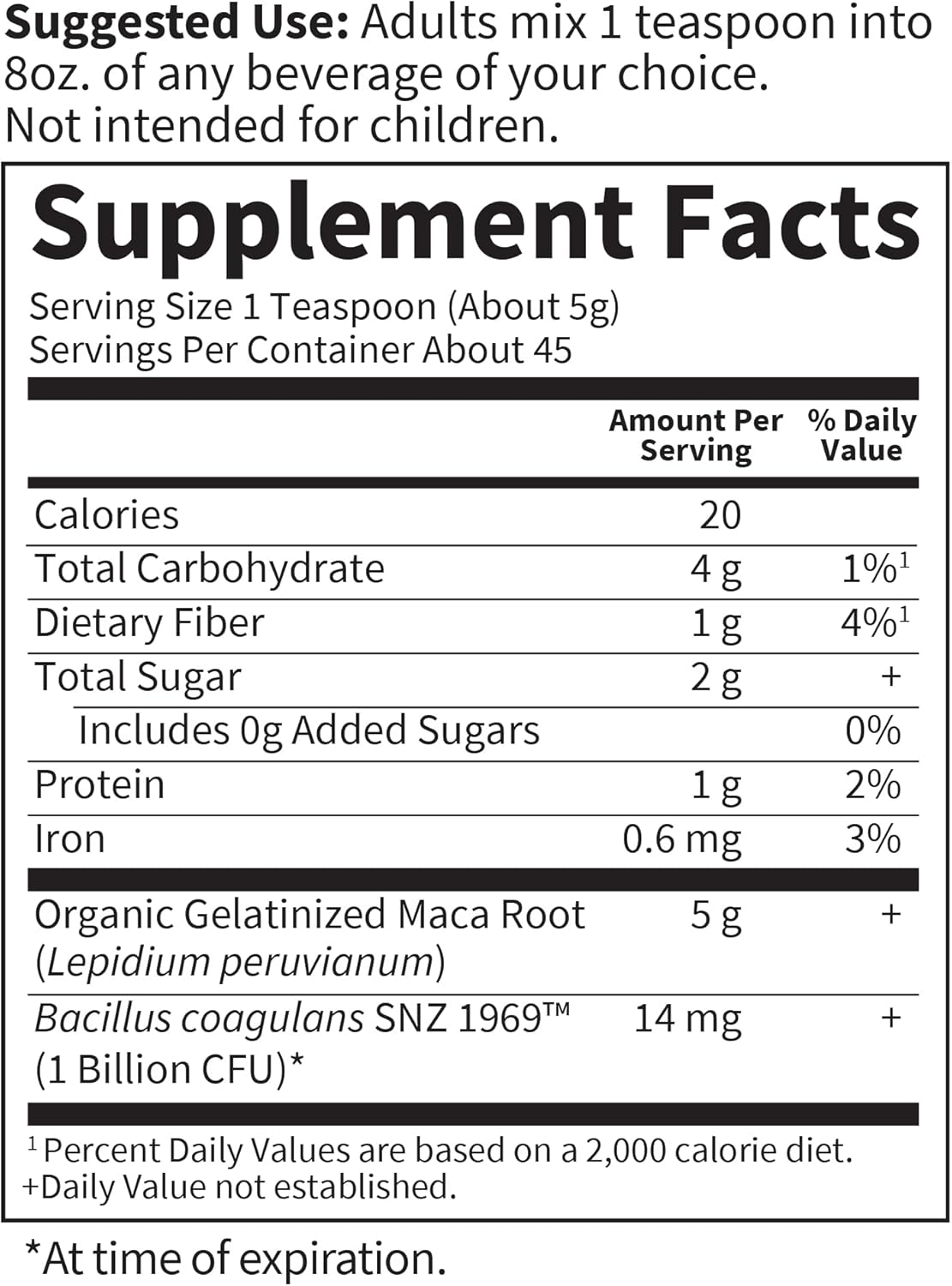 Supplement facts for Gelatinized Maca Powder with probiotics.