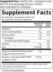 Supplement facts for Gelatinized Maca Powder with probiotics.