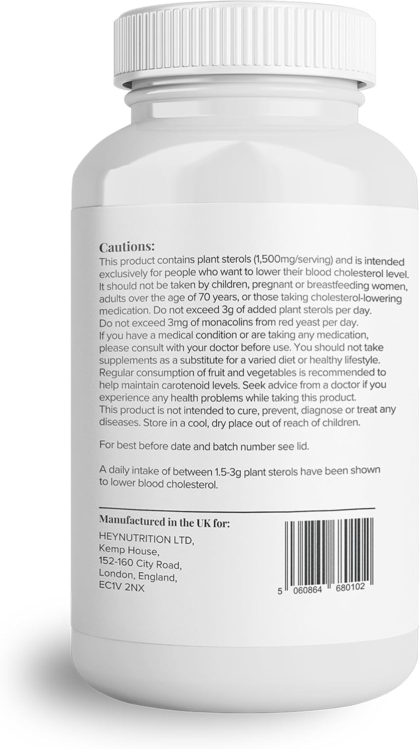 Ingredients, barcode and supplement facts panel for Plant Sterol Complex.