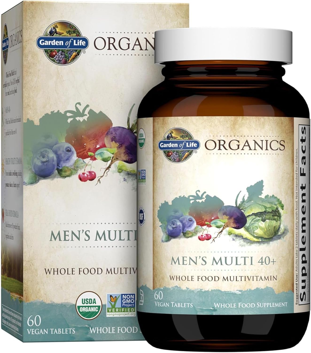 Garden of Life Organics Men's Multi 40+ bottle & box, whole food vegan tablets, 60 count.