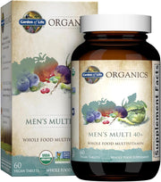 Garden of Life Organics Men's Multi 40+ bottle & box, whole food vegan tablets, 60 count.