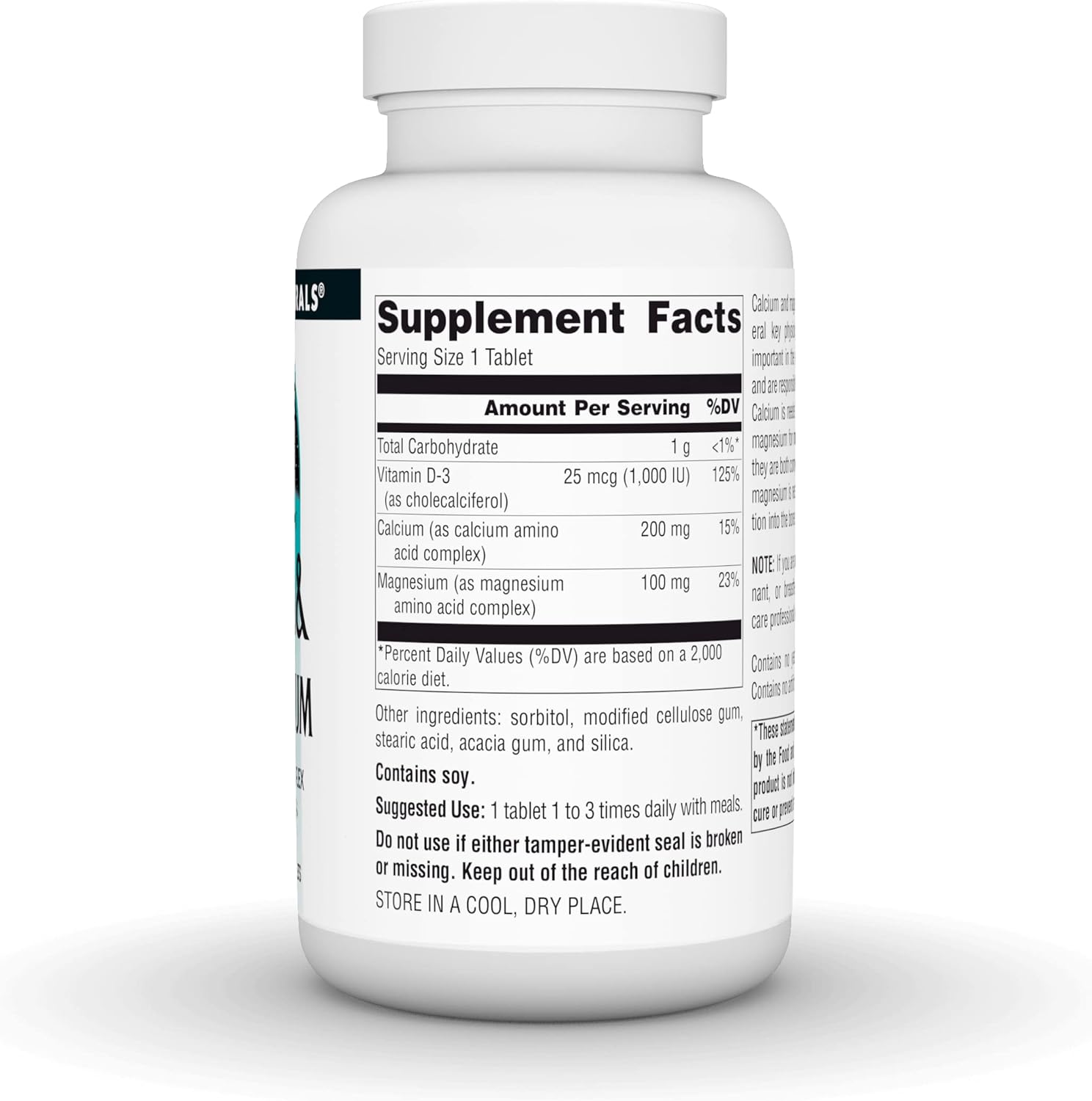 Supplement facts & ingredients image: Source Naturals Calcium & Magnesium with Vitamin D3 tablets ingredient panel 100 count