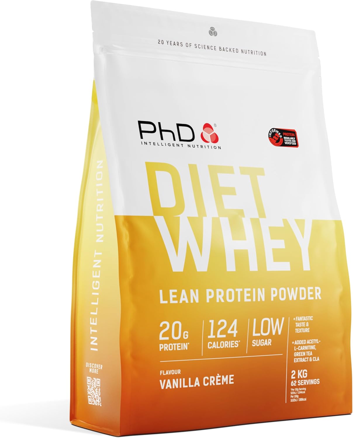 PhD Diet Whey Lean Protein Powder, resealable bag packaging, Vanilla Crème flavour, 2kg