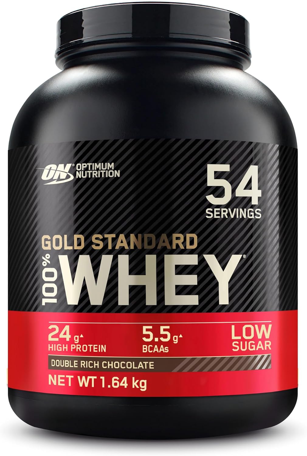 Optimum Nutrition Gold Standard 100% Whey protein powder container on a white background