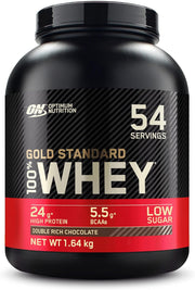 Optimum Nutrition Gold Standard 100% Whey protein powder container on a white background
