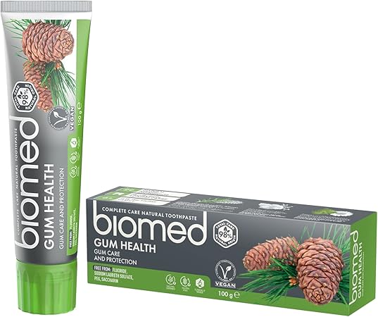 BIOMED Herbal Mint 98% Natural Toothpaste tube & box, 100g, on a clean background.