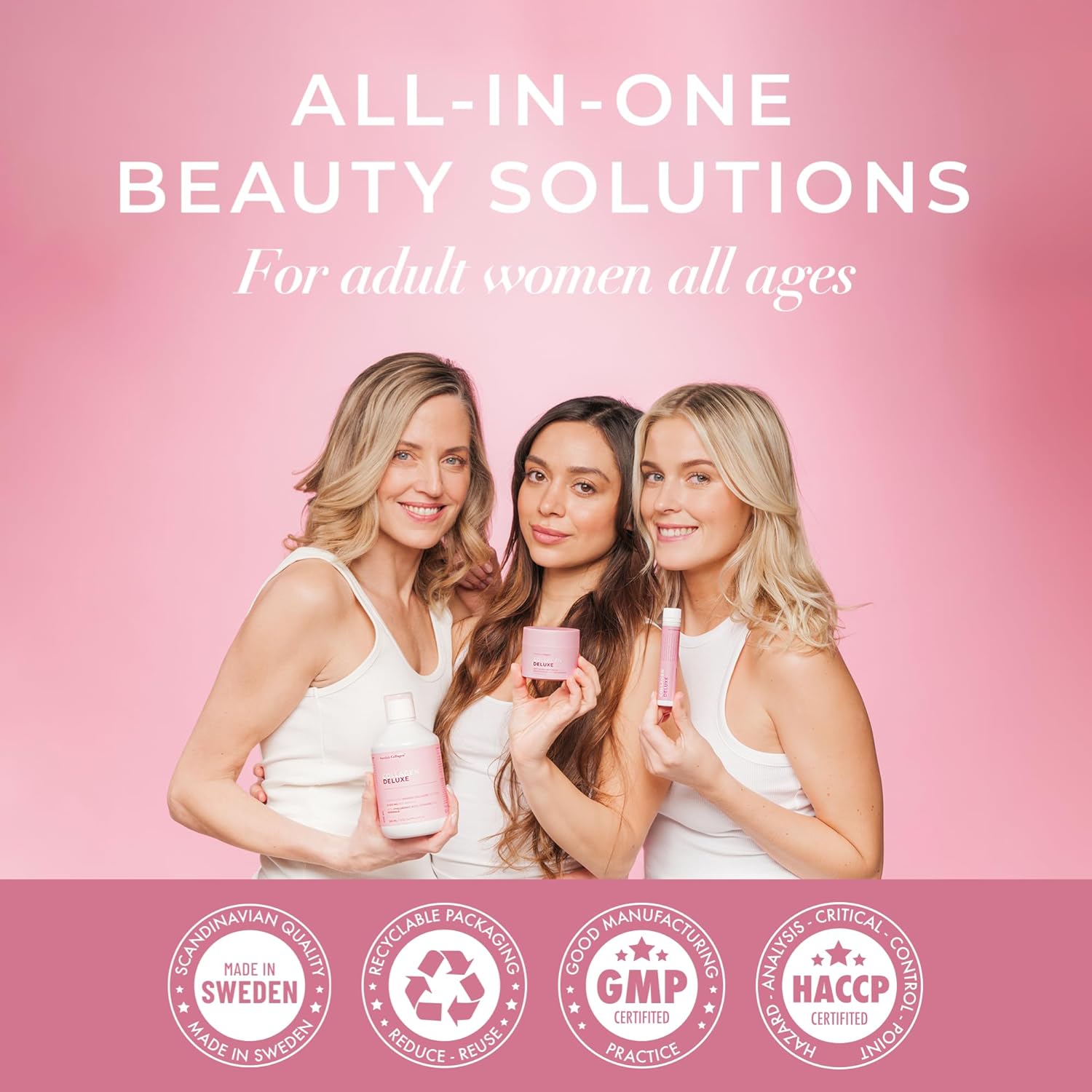 Three women holding beauty products with 'All-in-One Beauty Solutions' text on a pink background