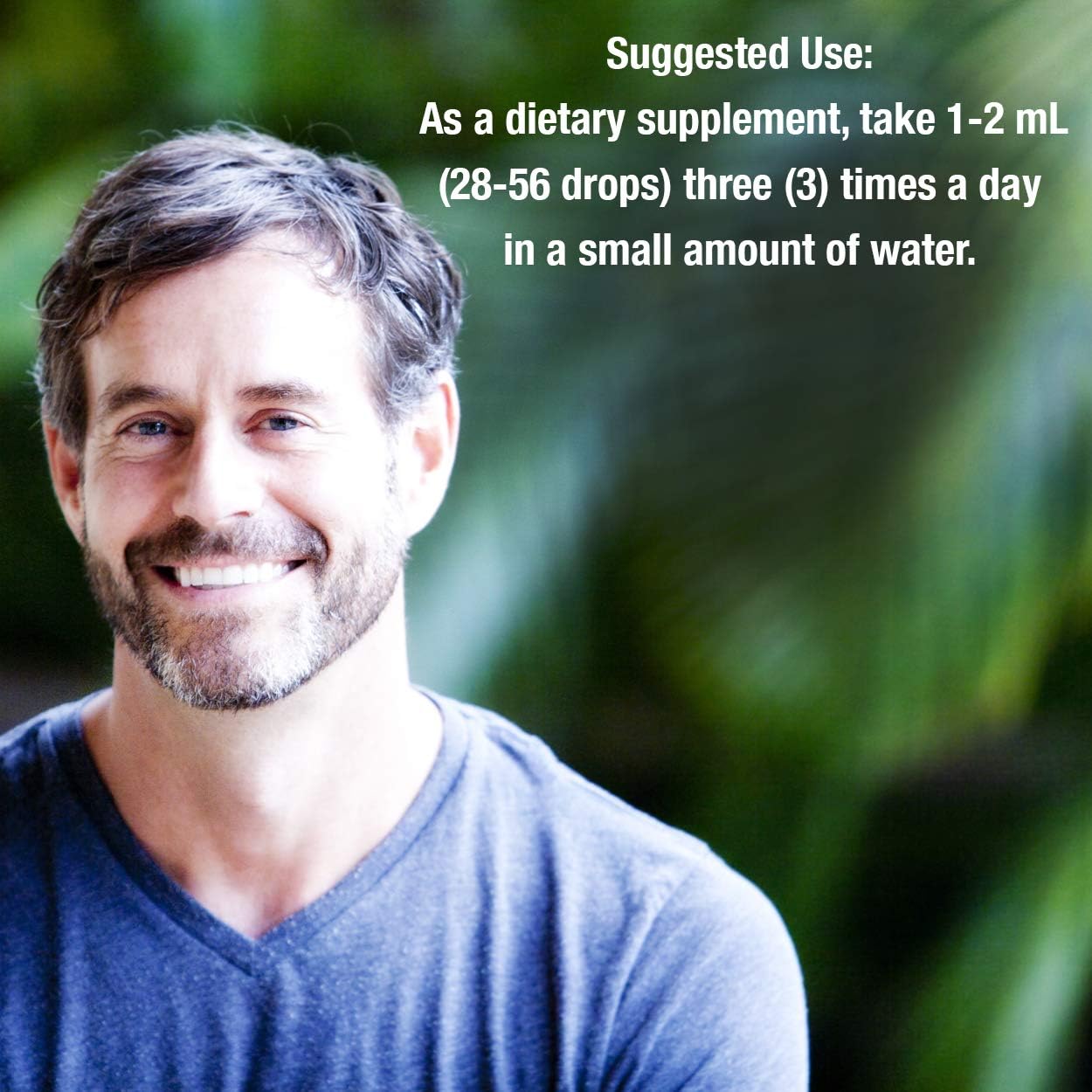 Man with a beard and blue shirt against a blurred green background with text about dietary supplement use.