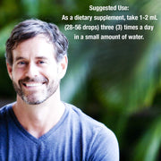 Man with a beard and blue shirt against a blurred green background with text about dietary supplement use.