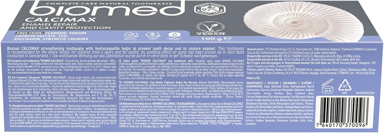 Ingredients list for BIOMED 97% Natural Calcimax Toothpaste with Hydroxyapatite.