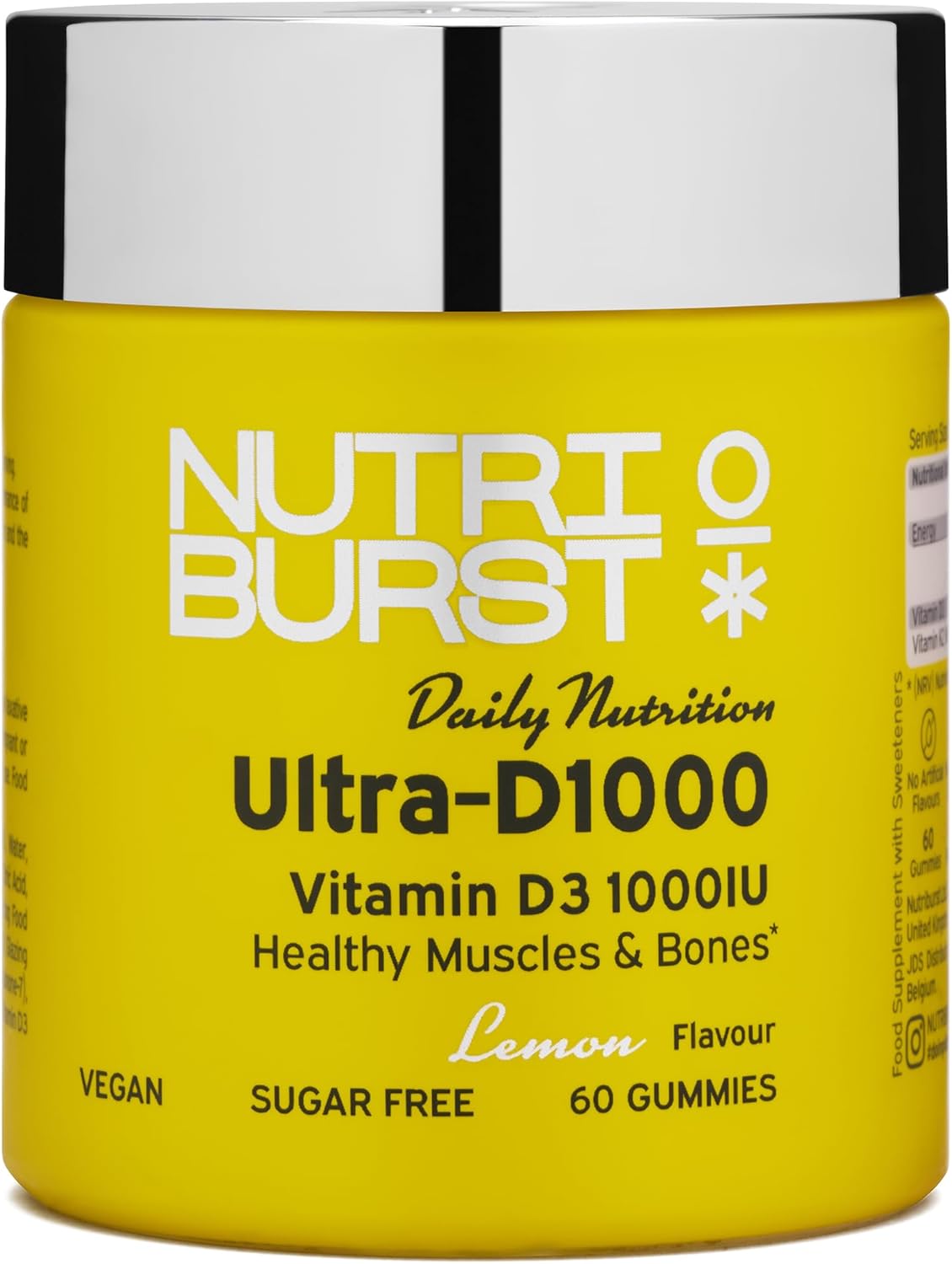 Nutriburst Ultra-D1000 Vitamin D3 K2 Gummies jar, lemon, 60 count.