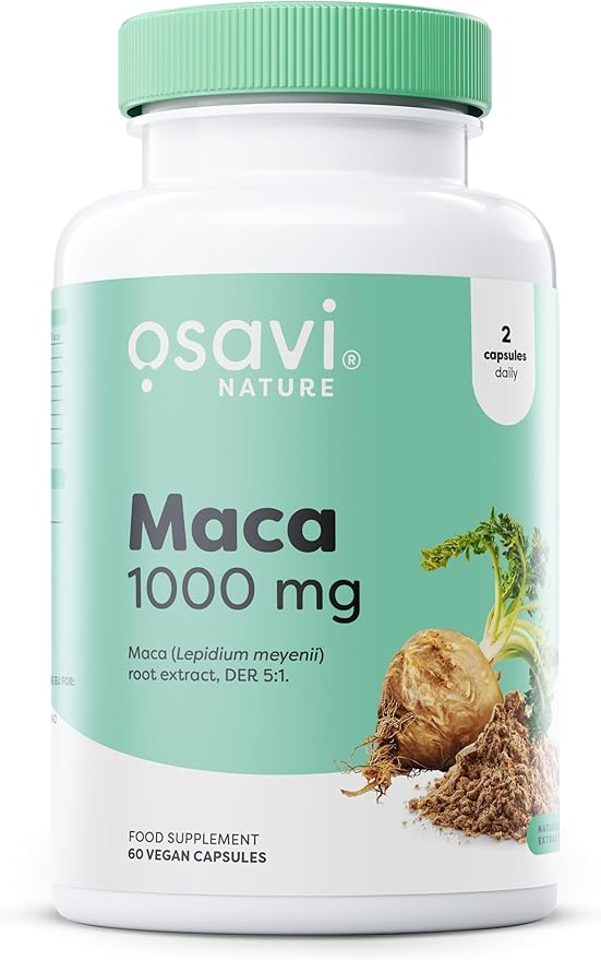 Osavi Maca Root Extract 1000mg bottle, 60 vegan capsules, Peruvian-grown.