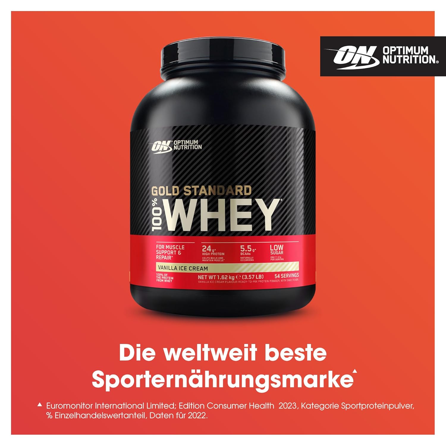 Optimum Nutrition Gold Standard 100% Whey protein powder container on a red background