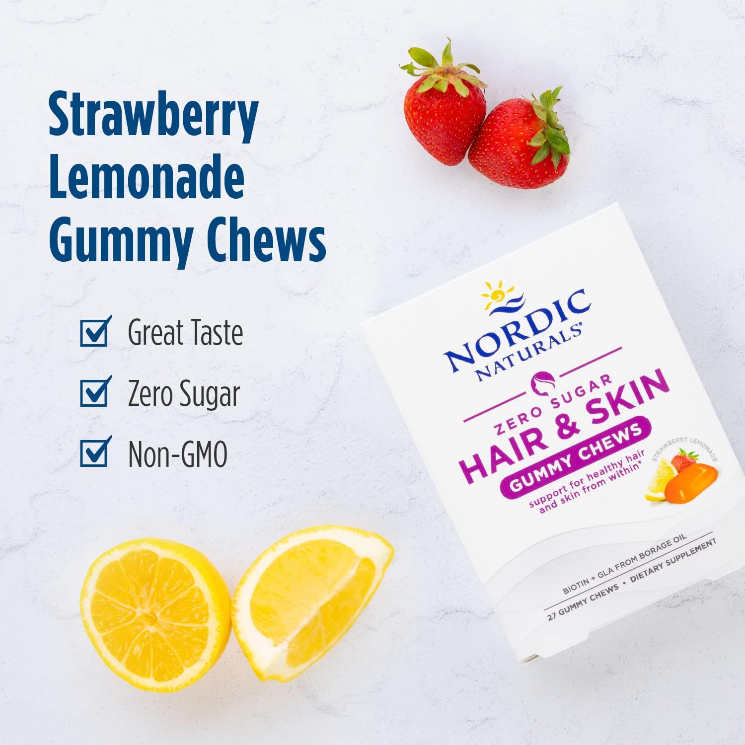 Nordic Naturals Zero Sugar Hair & Skin Gummy Chews strawberry lemonade box.