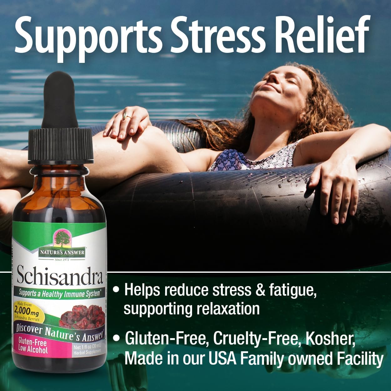 Schisandra supplement bottle with a woman relaxing by water, text about stress relief and product details.