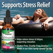 Schisandra supplement bottle with a woman relaxing by water, text about stress relief and product details.