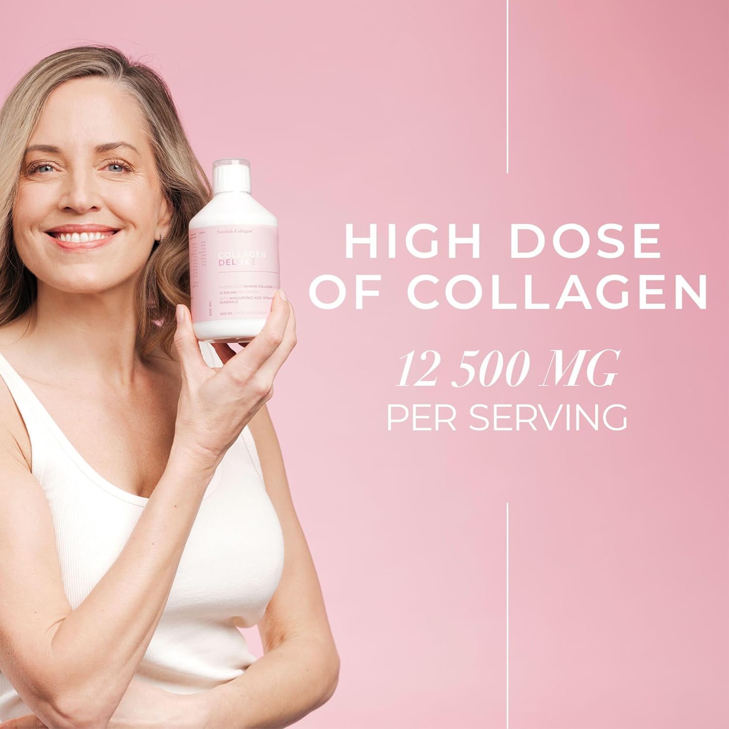 Woman holding a pink bottle with text about high dose collagen on a pink background