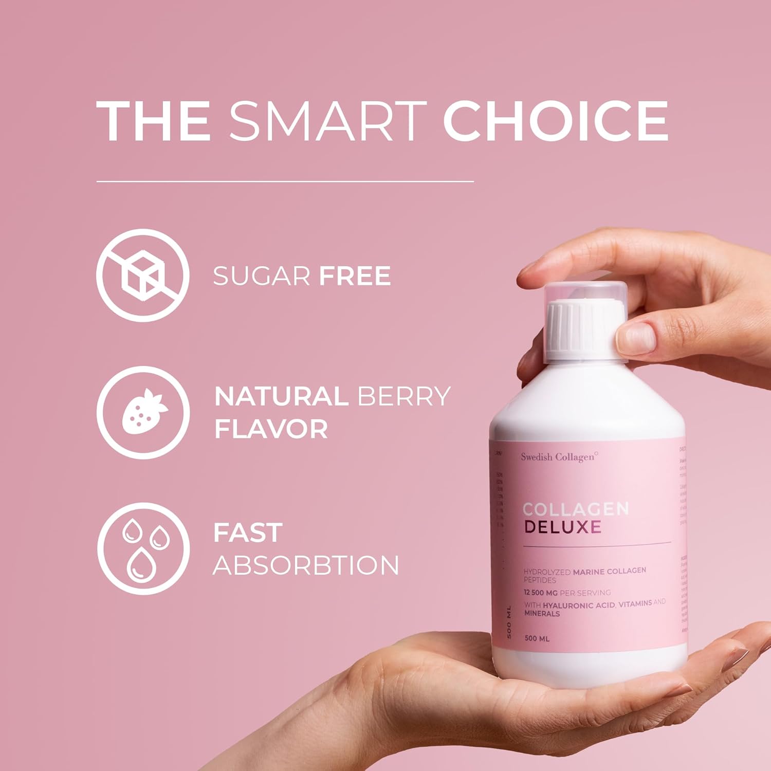 Collagen supplement bottle held in a hand with product features listed on a pink background