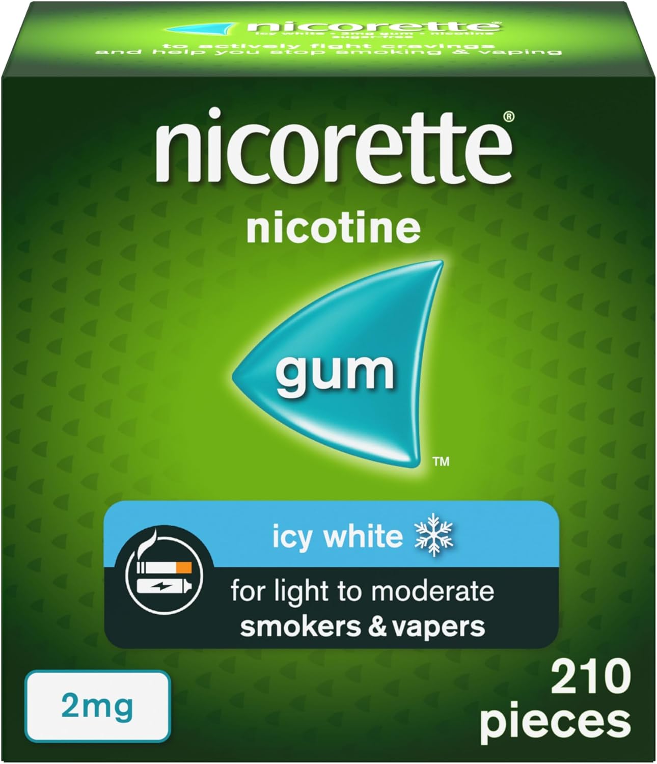 Front image: Nicorette Icy White nicotine gum 2mg 210 pieces mint pack packaging