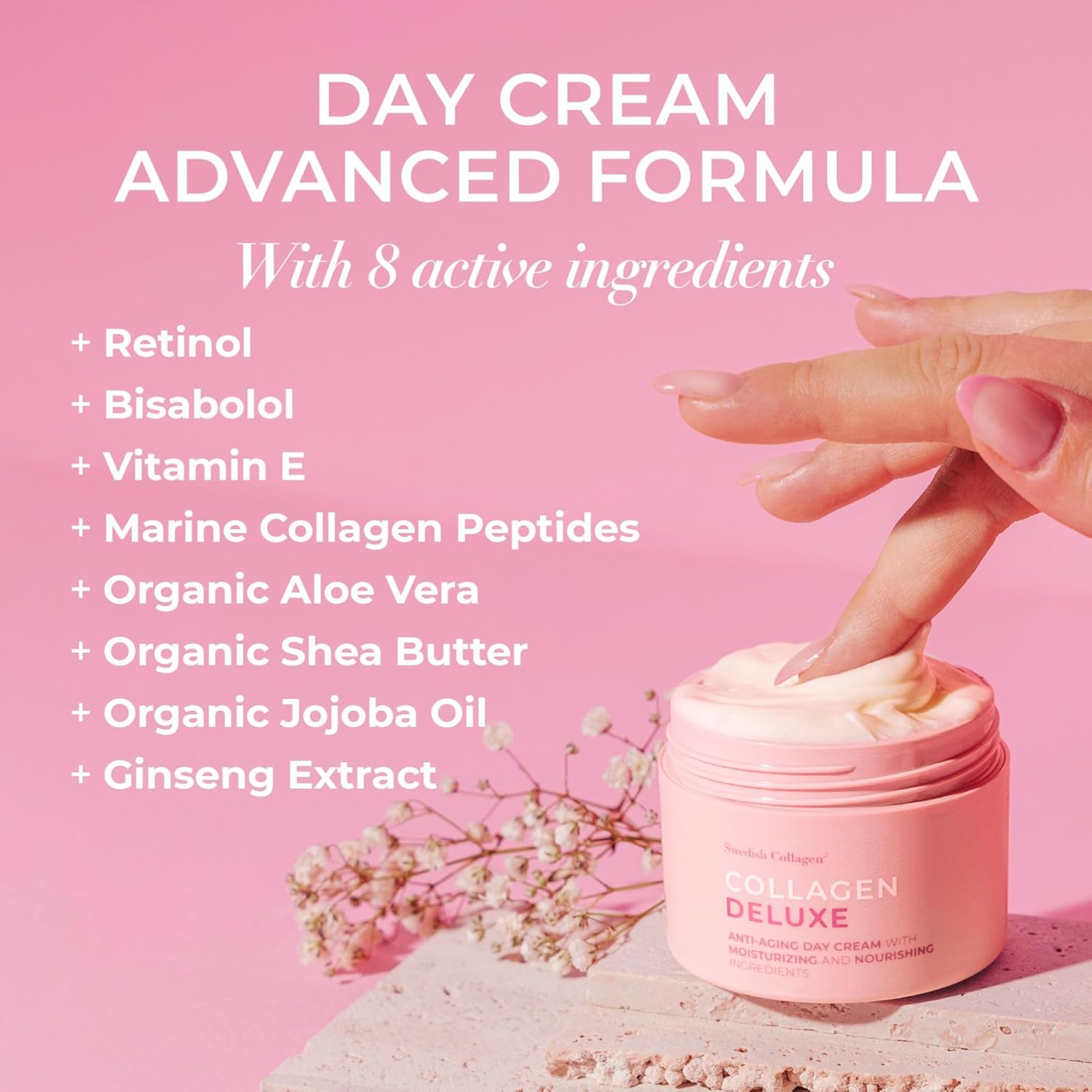 Day cream with active ingredients listed on a pink background