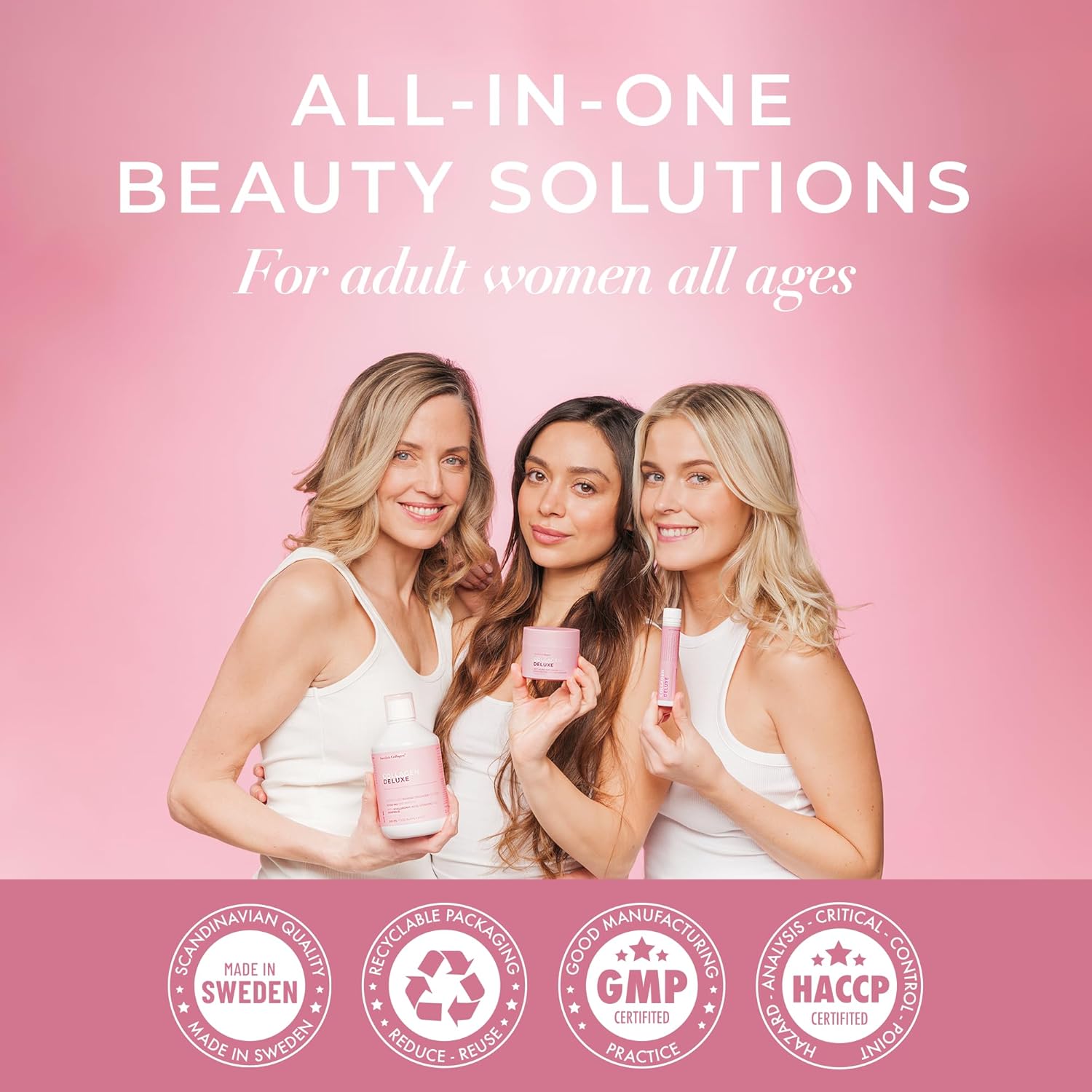 Three women holding beauty products with 'All-in-One Beauty Solutions' text on a pink background