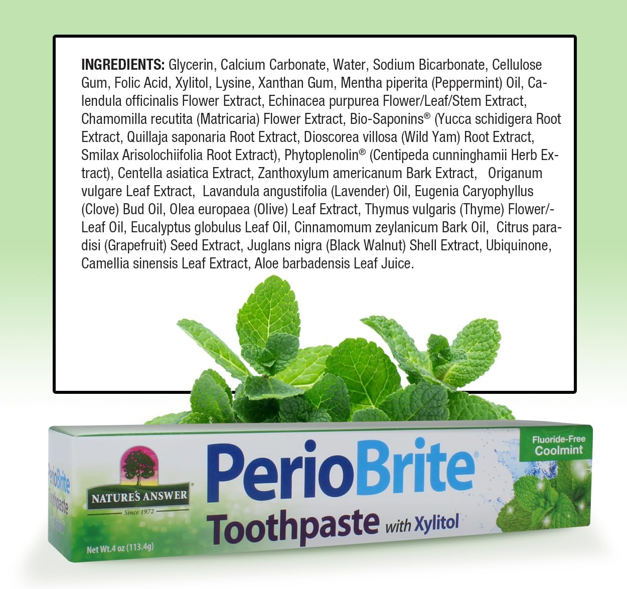 PerioBrite toothpaste box with green leafy vegetables and a detailed list of ingredients on a light green background.