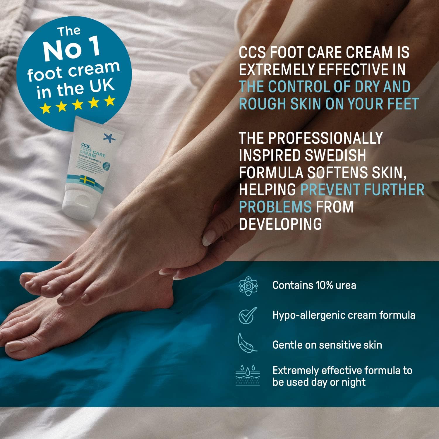CCS foot care cream advertisement with text about its effectiveness on dry and rough skin.