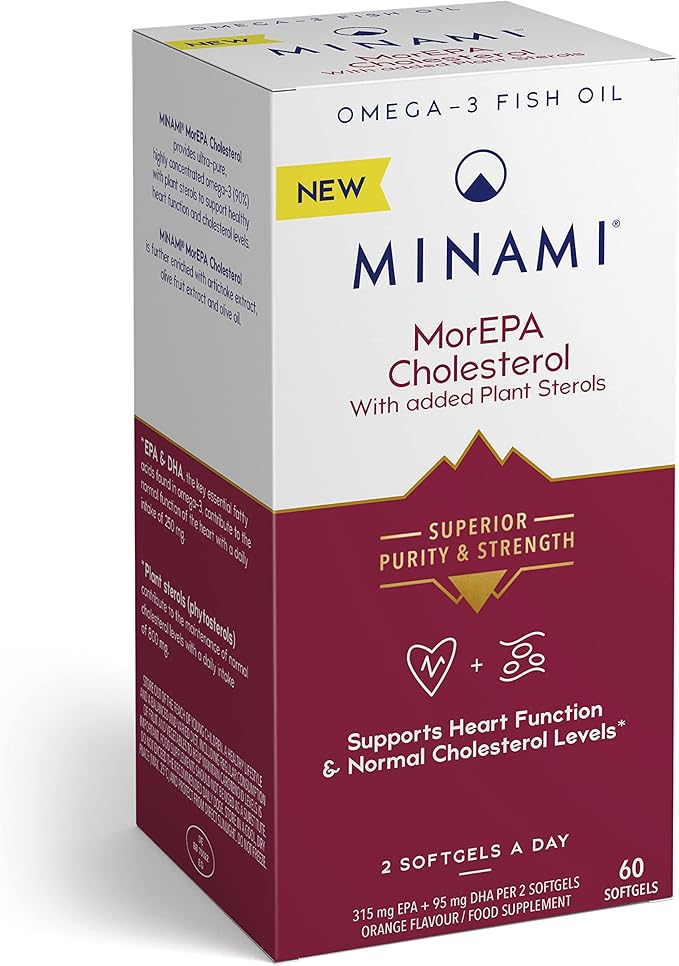 Minami MorEPA with Plant Sterols and Omega-3 softgels box, 60 count.