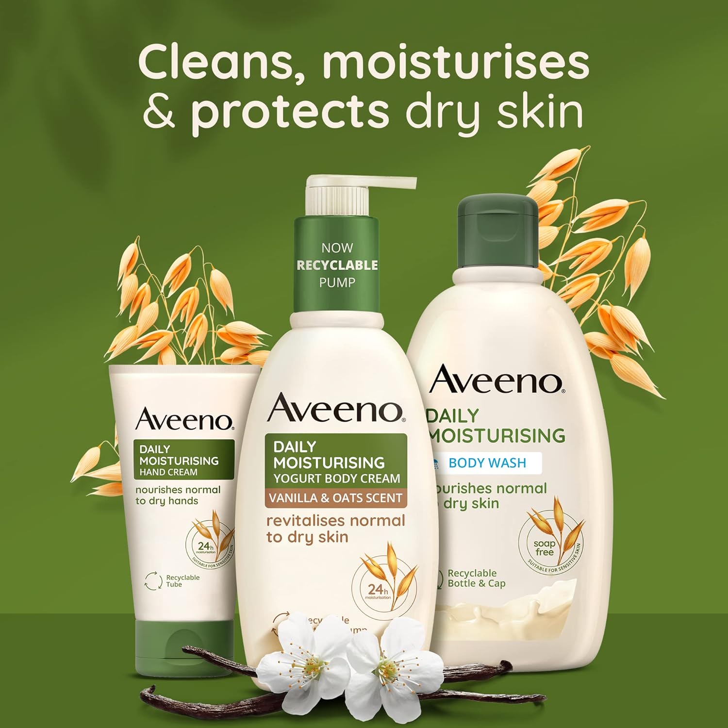 Aveeno Daily Moisturising Yogurt Body Cream, Vanilla & Oat Scent variants.