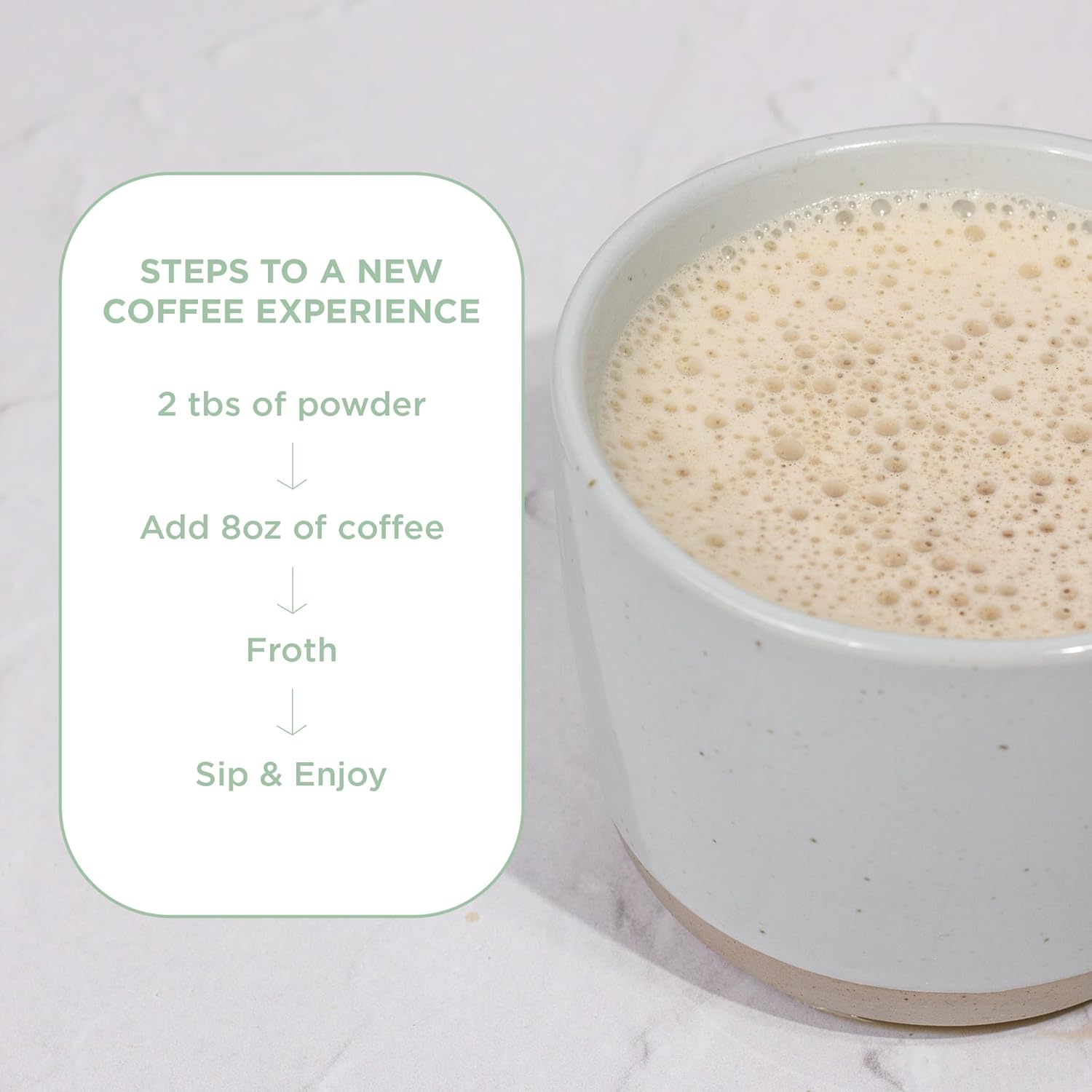 How to Use: Laird Superfood reduced sugar coffee creamer mixing instructions 227g on white background