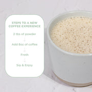 How to Use: Laird Superfood reduced sugar coffee creamer mixing instructions 227g on white background