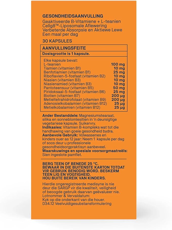 Back: Supplement facts label for Activated B Complex showing methylated B vitamins and L-theanine.