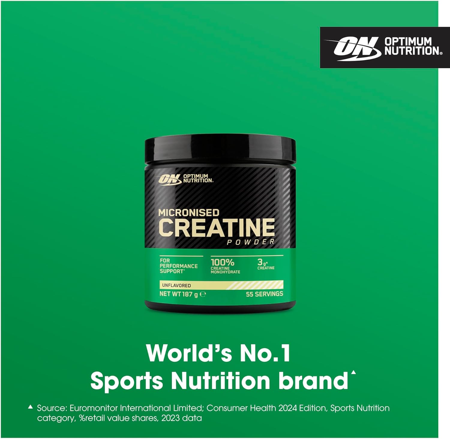 Optimum Nutrition Micronised Creatine Powder container on a green background