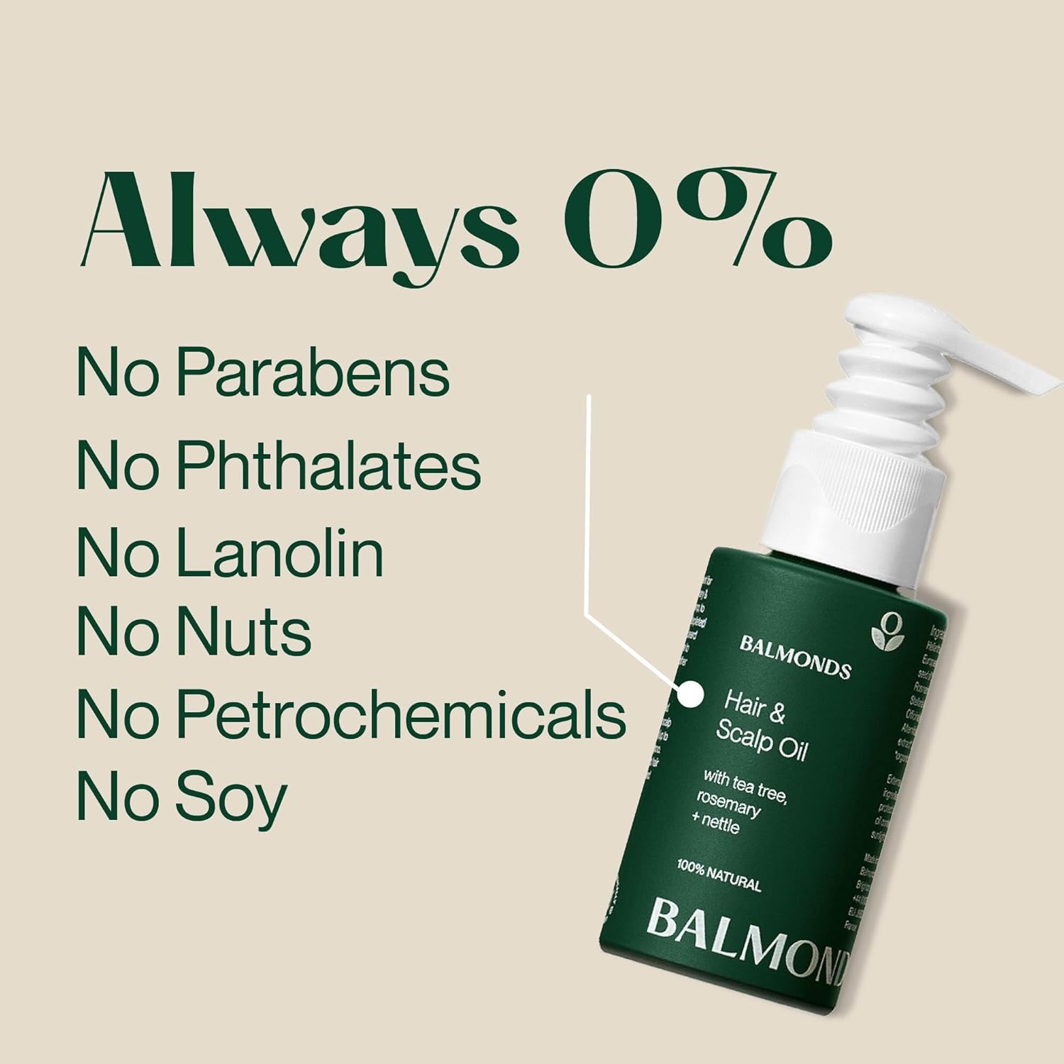 Supplement facts: Balmonds Hair and Scalp Oil 50ml ingredients rosemary hemp tea tree oils