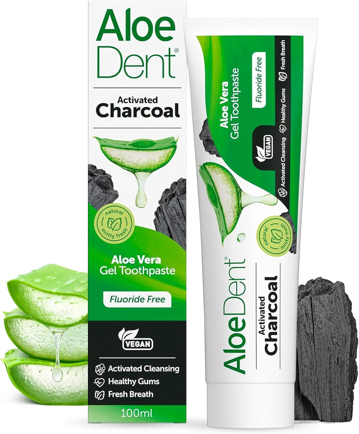 Front Image: Aloe Dent activated charcoal toothpaste fluoride free vegan 100ml tube & box 