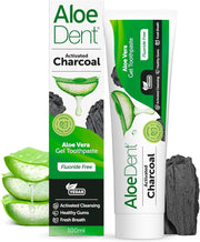 Front Image: Aloe Dent activated charcoal toothpaste fluoride free vegan 100ml tube & box 