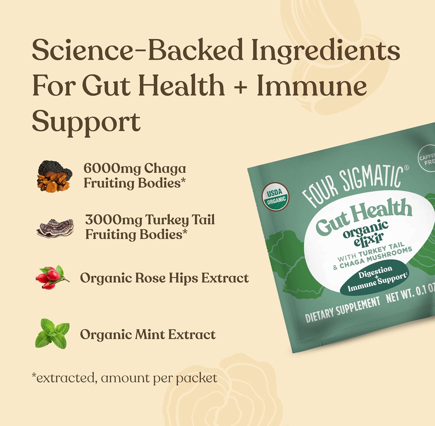 Four Sigmatic chaga elixir ingredients and nutritional information panel on packaging